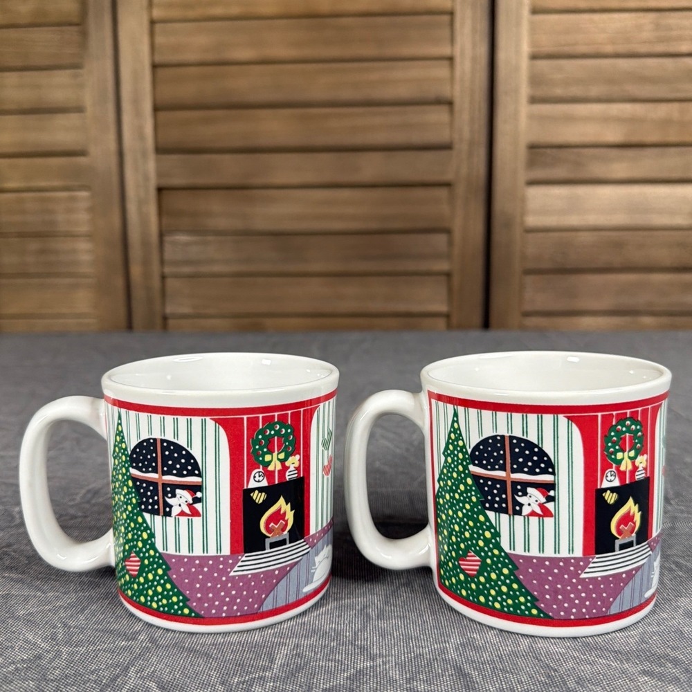 'Twas the Before Coffee Mugs Set of 2 White Christmas Fireplace Scene Korea 8100